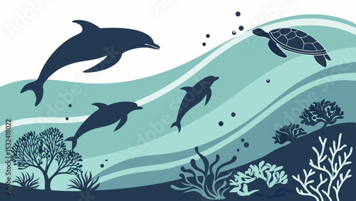 Underwater scene with dolphins, sea turtle, coral reefs, and flowing ocean waves showing marine life