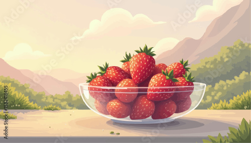 Strawberry fruit in bowl with mountain background