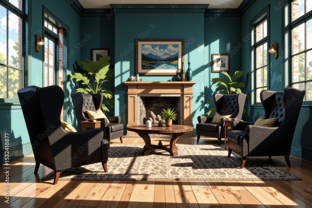 Fototapeta premium Cozy, sunlit living room interior with masculine living room design featuring wooden floors, leather chairs, and warm atmosphere. Concept of masculine living room design promotes comfort and style.