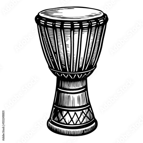 Djembe drum hand drawn illustration. Detailed djembe drum design with wood texture and ethnic patterns. Perfect djembe image for vintage engraving projects, posters, and music publications.