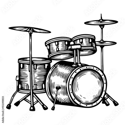 Detailed drum set drawing with bass drum, snare drum, and cymbals.  This vintage drum kit illustration features realistic details and classic design elements.