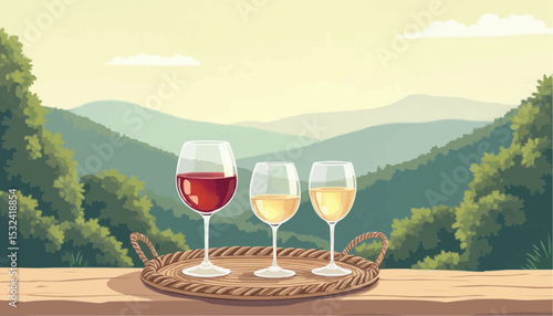 Wine glasses on tray with mountain view