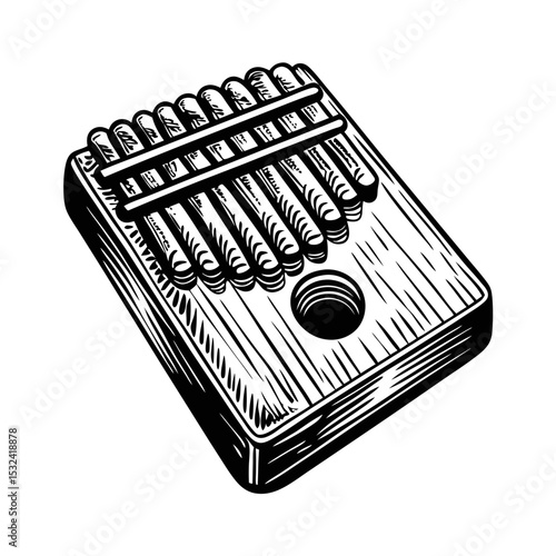 Vintage kalimba illustration. Detailed drawing of musical instrument kalimba with wooden body and metal tines. Perfect kalimba image for vintage design, album cover, or music poster.