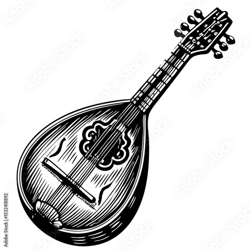 Vintage mandolin illustration. Detailed mandolin drawing shows fretboard, strings, and body. This classic mandolin image is perfect for vintage engraving projects, music posters.
