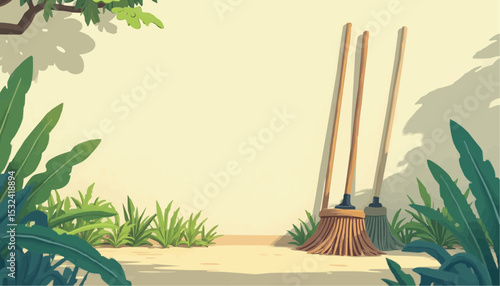 Broom leaning against wall