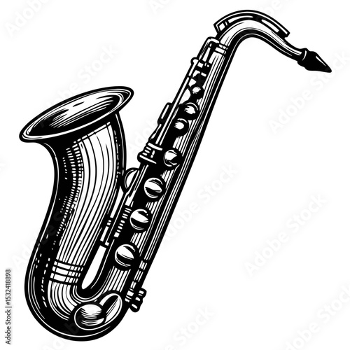 Vintage saxophone illustration. Detailed black and white drawing of saxophone instrument.  Saxophone image perfect for vintage poster design, album cover art, or jazz club invitation.