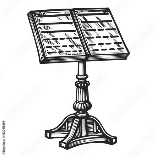 Elegant music stand with open pages, detailed wood carving, and sturdy base. This vintage music stand is perfect for orchestra concerts, choir performances, or solo recitals.