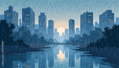 City Rain Cartoon Reflection