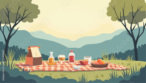 Outdoor Picnic with Food and Drink Illustration