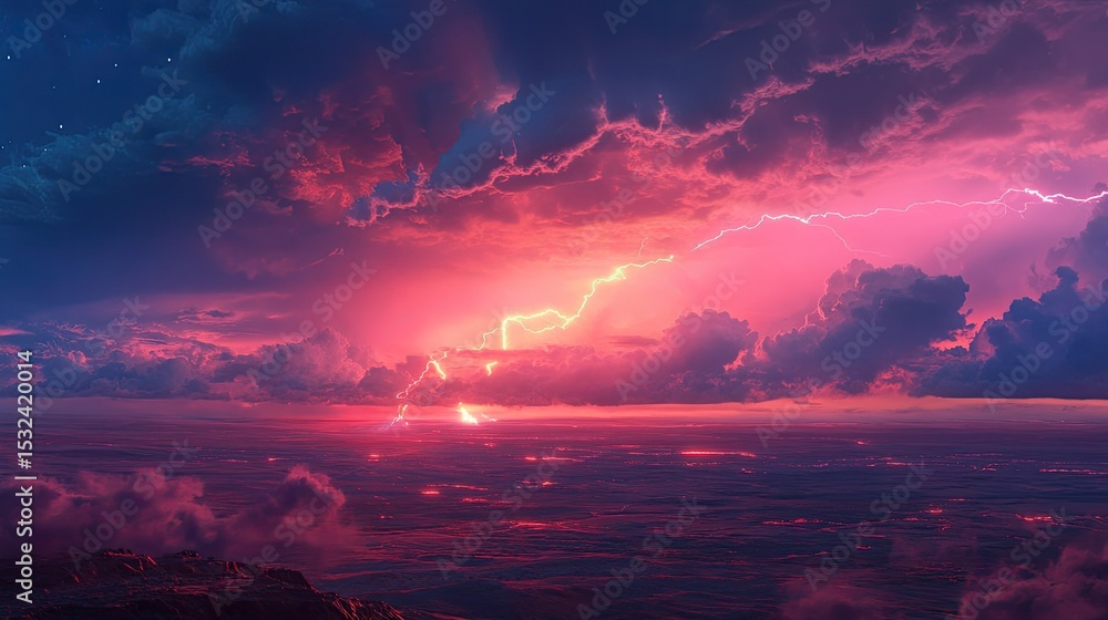 Naklejka premium Dramatic Sunset Over Serene Ocean with Colorful Clouds and Striking Lightning Illuminating the Sky and Reflecting on Water Surface