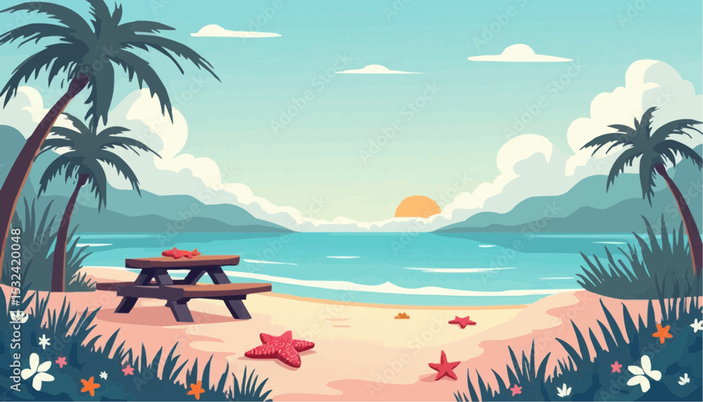 Obraz premium Beach with Picnic Table Palm Trees and Starfish