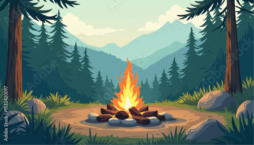 Campfire in Forest with Mountain Background