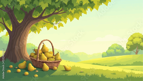 Pear basket under tree on meadow