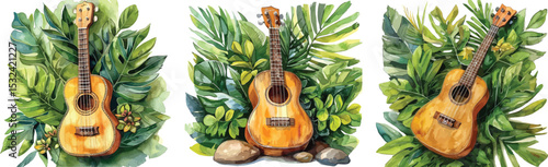 Ukulele Illustration with Tropical Leaves, Vector