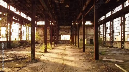 A view inside a dilapidated industrial building with large windows and structural support beams
