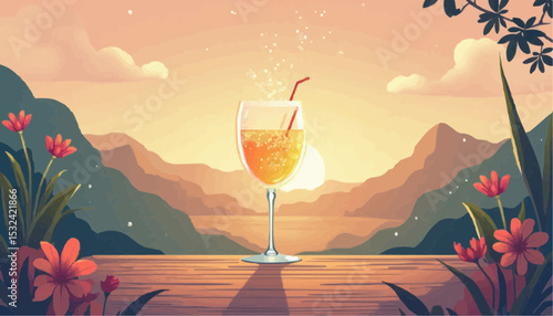 Orange drink with straw at sunset mountain lake view