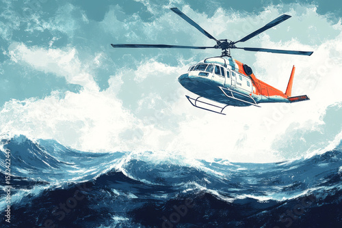 Rescue helicopter hovers above ship in rough seas to lift stranded sailor during stormy weather
