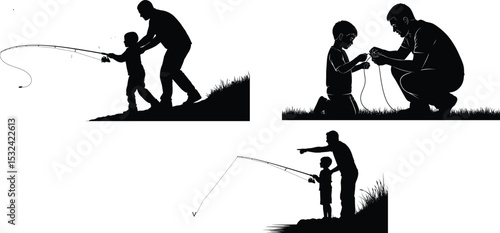 Father and Son Fishing Lesson Silhouettes,Father Teaches Fishing Vector,Teaching Life Skills Father and Son Fishing,fathers day silhouette bundle set



