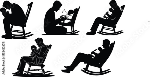 New Fatherhood Rocking Chair Vector Set,Peaceful Moment Father and Infant in Rocking Chair,Dad Holding Baby Vector,fathers day silhouette bundle set

