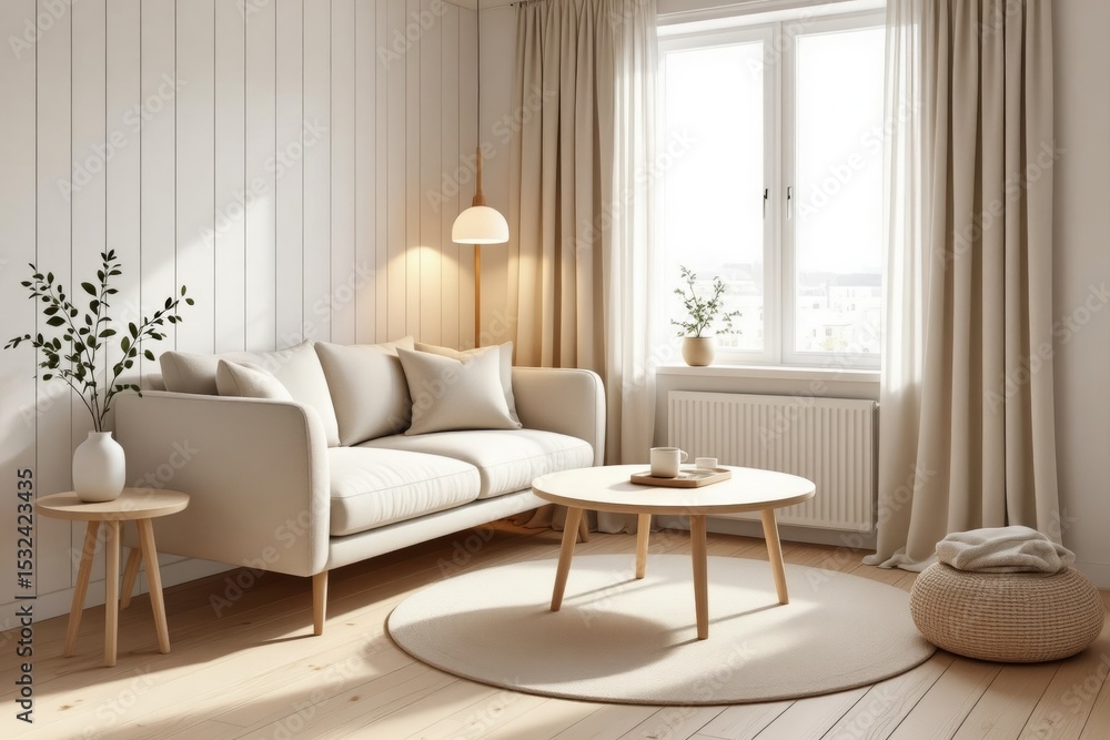Fototapeta premium Bright sunlit living room featuring scandinavian small apartment decor with white sofa, round wooden coffee table, cozy atmosphere. Concept of scandinavian small apartment decor, interior design.
