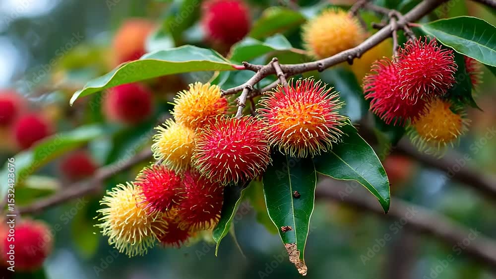 Vibrant rambutan fruits hanging from a lush tree branch Vibrant rambutan fruits hanging from a lush tree branch