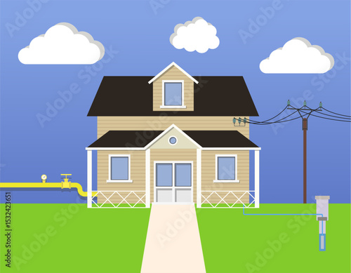Modern country house with illustration of utility connections. Illustration of a modern country house.