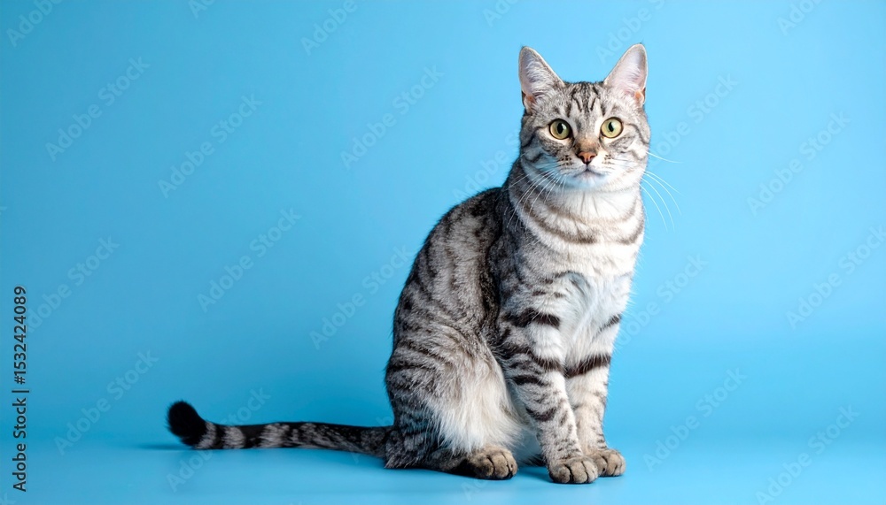 Fototapeta premium Photograph of a grey and white striped cat sitting on a blue background.