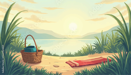 Picnic basket by lake at sunset illustration