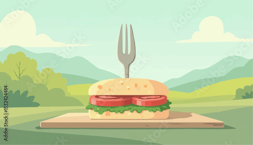 Sandwich with fork in nature landscape