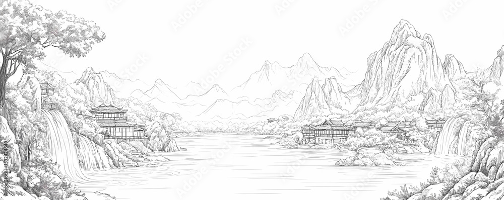 Naklejka premium Sketch of a Chinese Landscape Painting