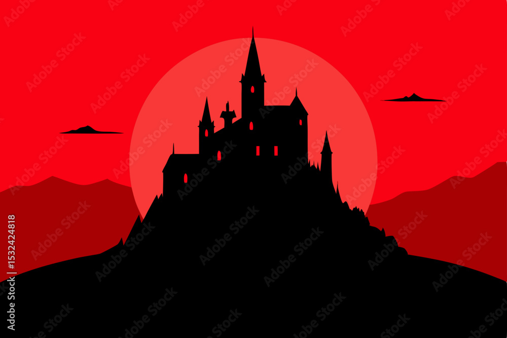 Fototapeta premium Silhouette of a Mysterious Castle at Sunset A Gothic Landscape Illustration