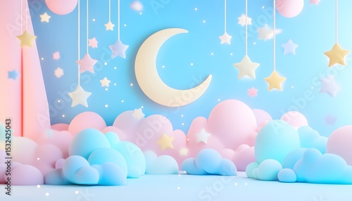 Pastel cloudscape with stars and moon.