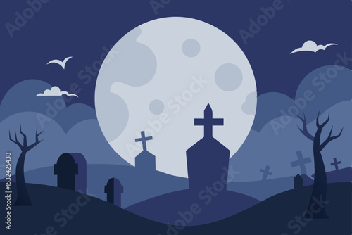 Eerie Night Spooky Graveyard under a Full Moon, Halloween Illustration