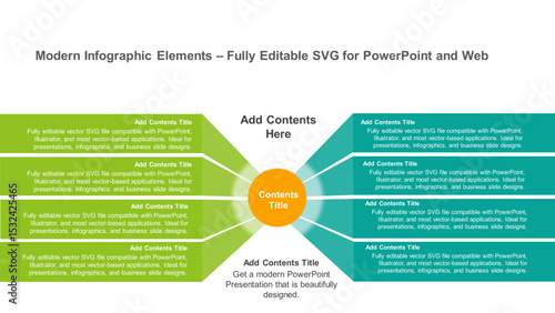 8-Point Hub and Spoke Infographic for PowerPoint Presentation. Fully editable vector SVG file compatible with PowerPoint, Illustrator, and most vector-based applications.