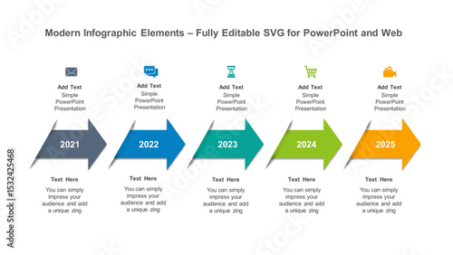 5-Year Horizontal Timeline Infographic with Arrows. Fully editable vector SVG file compatible with PowerPoint, Illustrator, and most vector-based applications.
