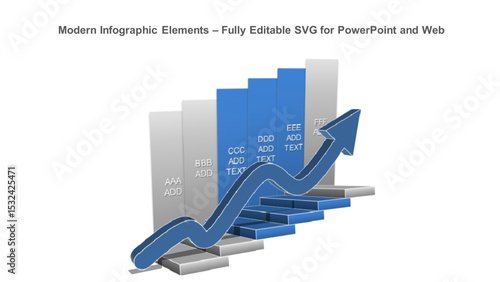 3D Step Growth Chart with Upward Arrow for Business Presentation. Fully editable vector SVG file compatible with PowerPoint, Illustrator, and most vector-based applications.