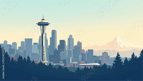 Seattle skyline, tower and mountain
