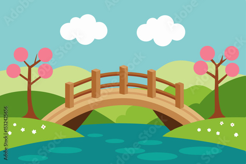 Serene Spring Landscape Wooden Bridge over Calm River with Blossoming Trees