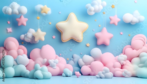 Pastel-colored clouds and stars in a whimsical scene.