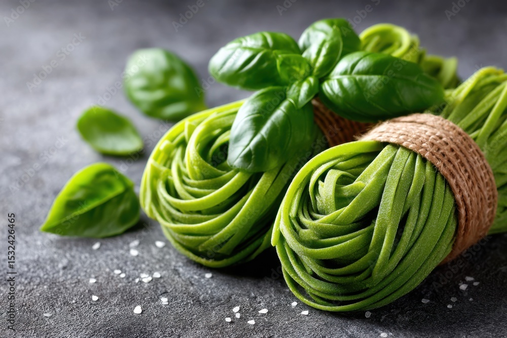 Obraz premium Fresh green pasta with basil leaves prepared for a delicious meal on dark stone background