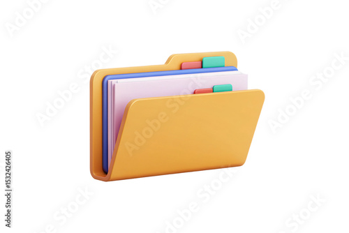 Orange folder icon with colorful documents and tabs in 3D rendered style, isolated on a transparent background