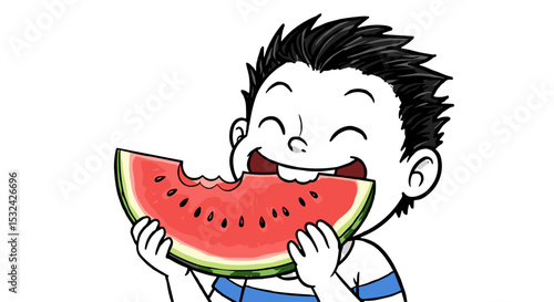 Young boy happily eating a slice of watermelon in a playful manner  on transparent background  