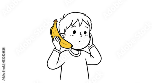 Boy talking on a banana phone while looking surprised in black and white   on transparent background  