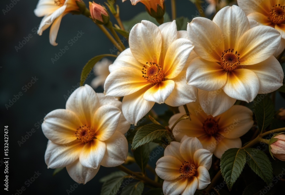 Fototapeta premium Beautiful bouquet of cream and orange flowers with lush green leaves