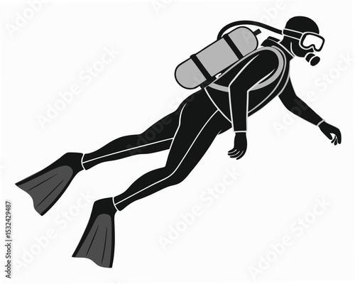 Silhouette illustration of a scuba diver with diving gear and fins on a white background.