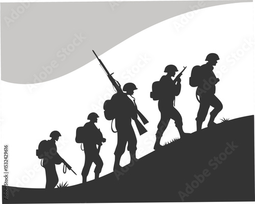Silhouette of marching soldiers climbing uphill representing courage and perseverance