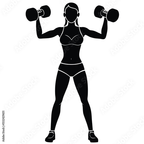 Silhouette of a woman exercising lifting dumbbells fitness and health training icon. fitness, dumbbell, woman, silhouette, workout, exercise, training, gym, healthy.