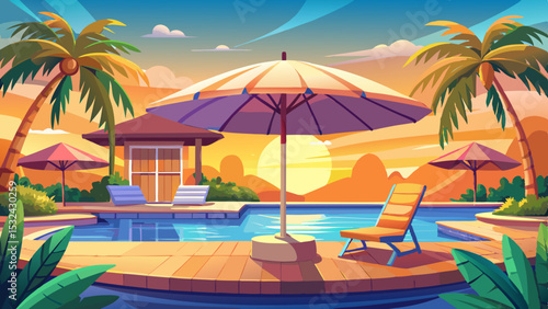 Beautiful luxury umbrella and chair around outdoor swimming pool in hotel and resort with coconut palm tree on sunset or sunrise sky Very beautiful