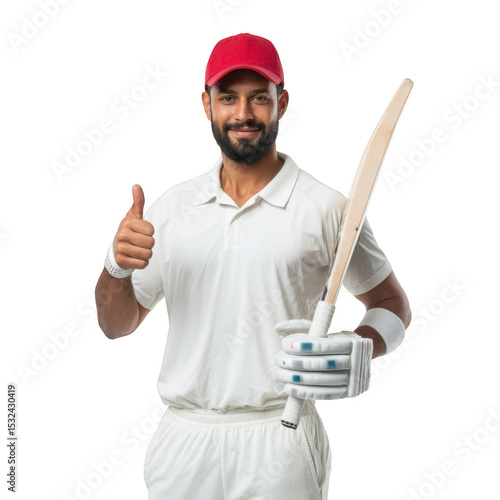 Portrait of a cricket player in uniform with a red cap giving a thumbs up holding cricket bat