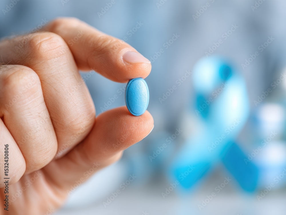 Blue pill in hand with awareness ribbons for health promotion Blue pill in hand with awareness ribbons for health promotion